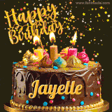 A delightful chocolate birthday cake with bright candles and 'Happy Birthday Jayelle' written in gold amidst a shower of animated stars.