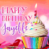 A vibrant birthday GIF featuring a rainbow-colored cupcake topped with white frosting, sprinkles, and a lit candle. The text reads 'Happy Birthday Jayelle' in bold pink and violet letters with white outline.