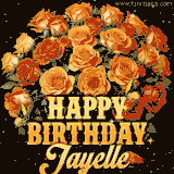 Animated bouquet of orange roses with moving butterfles and golden 'Happy Birthday Jayelle' text, surrounded by sparkling accents and a dark backdrop for a luxurious feel.