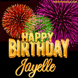 A golden 'Happy Birthday Jayelle' message with vibrant fireworks in the background, creating a festive and celebratory vibe in this animated name GIF.