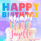 A vibrant animated name GIF with the words 'Happy Birthday Jayelle' with colorful candles on a creamy cake. The background sparkles with pastel shades, adding a festive touch.
