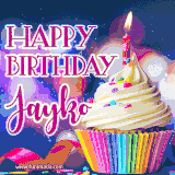 A festive animated GIF featuring a colorful cupcake with a single lit candle, sprinkles, and 'Happy Birthday Jayko' text against a sparkling, celebratory background.