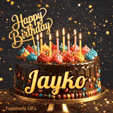 A personalized greeting card for Jayko featuring a chocolate cake with colorful toppings on a sparkly starry background.