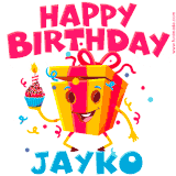 A funny animated birthday GIF with the words 'Happy Birthday Jaykoa', colorful gift box with arms and legs, holding a cupcake with a lit candle  with confetti everywhere.