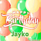 Animated GIF featuring colorful balloons in the background with the cheerful text 'Happy Birthday Jayko'.