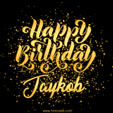 Animated GIF with colorful, festive 'Happy Birthday Jaykob' text decorated with patterns, a party hat, and falling confetti. A vibrant and cheerful design for birthday celebrations.