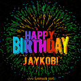 A colorful animated GIF featuring the text 'Happy Birthday Jaykob!' in rainbow colors with a dynamic iridescent firework display in the background.
