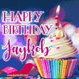 A festive animated GIF featuring a colorful cupcake with a single lit candle, sprinkles, and 'Happy Birthday Jaykob' text against a sparkling, celebratory background.