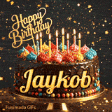 Shimmering gold star particles and bokeh lights surrounding a chocolate birthday cake custom-made for Jaykob.