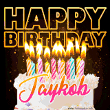 A vibrant animated GIF featuring a delicious birthday cake topped with glowing candles and the name 'Jaykob' in elegant script, and the words 'Happy Birthday' on the black background.