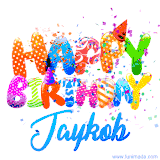 Animated GIF with colorful, festive 'Happy Birthday Jaykob' text decorated with patterns, a party hat, and falling confetti. A vibrant and cheerful design for birthday celebrations.