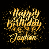 Animated GIF with colorful, festive 'Happy Birthday Jaykon' text decorated with patterns, a party hat, and falling confetti. A vibrant and cheerful design for birthday celebrations.
