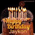 A rich chocolate cake topped with glowing birthday candles and surrounded by bright fireworks. The animated GIF displays the message 'Happy Birthday Jaykon' in golden text.