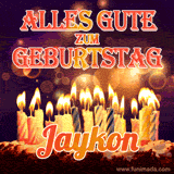 An animated GIF featuring 'Alles Gute Zum Geburtstag Jaykon' in glowing red and gold letters above a cake with colorful lit candles, set against a festive sparkling background.