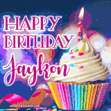 A festive animated GIF featuring a colorful cupcake with a single lit candle, sprinkles, and 'Happy Birthday Jaykon' text against a sparkling, celebratory background.