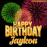 A captivating GIF with bursts of green, pink, and orange fireworks lighting up the night sky, accompanied by 'Happy Birthday Jaykon' in glowing golden text.
