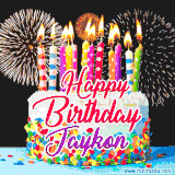 A lively happy birthday animated GIF showcasing a colorful birthday cake covered in sprinkles, topped with glowing candles, and surrounded by vibrant fireworks. The name 'Jaykon' is featured in elegant script.