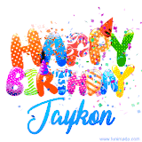 Animated GIF with colorful, festive 'Happy Birthday Jaykon' text decorated with patterns, a party hat, and falling confetti. A vibrant and cheerful design for birthday celebrations.
