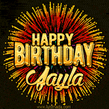 Golden 'Happy Birthday Jayla' text accompanied by animated rainbow fireworks for a festive animated greeting.