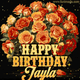 Animated bouquet of orange roses with moving butterfles and golden 'Happy Birthday Jayla' text, surrounded by sparkling accents and a dark backdrop for a luxurious feel.