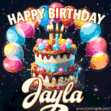 Bright birthday animation for Jayla with a chocolate cake, candles, balloons, and glowing celebratory lights.