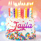 A cheerful white birthday cake with multicolor sprinkles, lit candles, and 'Jayla' written in vibrant letters, in an animated GIF.