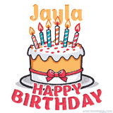 Cartoon birthday cake with a red bow, glowing candles, and 'Jayla Happy Birthday' text in bold animated style.