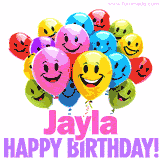 Animated colorful and joyful birthday balloons with cheerful smiles and a bright 'Happy Birthday Jayla!' message in pink and purple.
