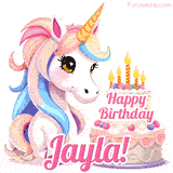 An adorable animated unicorn with soft pastel colors sits beside a birthday cake with glowing candles, and a pink 'Happy Birthday Jayla!' words.