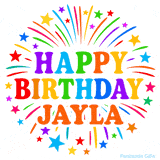 Happy Birthday Jayla' GIF with rainbow-colored letters, colorful stars, and fireworks on white background.