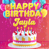 Pink-themed animated greeting with balloons, confetti, and a frosted cake under the message 'Happy Birthday Jayla' in bold rounded yellow font.