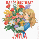 Bright floral birthday animation for Jayla showing a cute cartoon girl with golden hair and expressive eyes holding a huge bouquet, surrounded by birthday text.