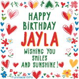 A colorful animated card for Jayla’s birthday featuring playful hearts, cheerful flowers, and a handwritten message wishing smiles and sunshine.
