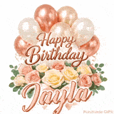 Rose gold balloons and beautiful flowers wishing Happy Birthday to Jayla