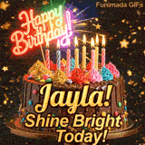 Glowing pink neon light topper saying Happy Birthday on a chocolate cake with the name Jayla! on the front.
