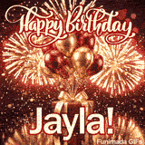 Shiny metallic balloons in gold and red floating above a red gift box with Jaylas name in bold lettering at the bottom.