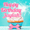 Happy Birthday Jaylah! Elegang Sparkling Cupcake GIF Image.