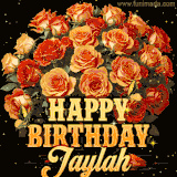 Animated bouquet of orange roses with moving butterfles and golden 'Happy Birthday Jaylah' text, surrounded by sparkling accents and a dark backdrop for a luxurious feel.