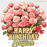 Golden 'Happy Birthday Jaylah' text beneath a vibrant bouquet of orange roses, complete with glittering butterflies and sparkling details.