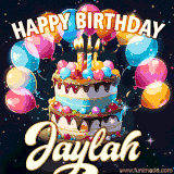 Bright birthday animation for Jaylah with a chocolate cake, candles, balloons, and glowing celebratory lights.