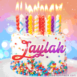 A cheerful white birthday cake with multicolor sprinkles, lit candles, and 'Jaylah' written in vibrant letters, in an animated GIF.