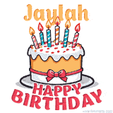 Cartoon birthday cake with a red bow, glowing candles, and 'Jaylah Happy Birthday' text in bold animated style.