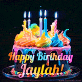 A mesmerizing animated cake with multicolor frosting and candles, and the words 'Happy Birthday Jaylah' on the black background.