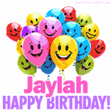 Animated colorful and joyful birthday balloons with cheerful smiles and a bright 'Happy Birthday Jaylah!' message in pink and purple.
