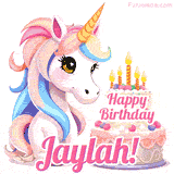 An adorable animated unicorn with soft pastel colors sits beside a birthday cake with glowing candles, and a pink 'Happy Birthday Jaylah!' words.