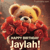 Cinematic style cute animated teddy bear with charming features holding a large bouquet of red roses, the words say 'Happy Birthday Jaylah' in sans serif font.