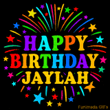 Personalized greeting card with name, colorful text that says 'Happy Birthday Jaylah' surrounded by animated fireworks and multicolor stars