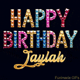 Vibrant luxury birthday greeting card for Jaylah, showing glittering gemstone letters and golden calligraphy on a dark background with twinkling shine effects.