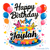 An animated birthday card for Jaylah. It features a festive cake with her name, 'Jaylah', and colorful butterflies. Floating balloons and hearts complete the joyful scene.