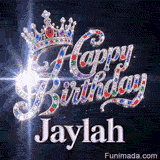 Metallic white nameplate spelling Jaylah under a majestic queen crown decorated with shiny party crystals.